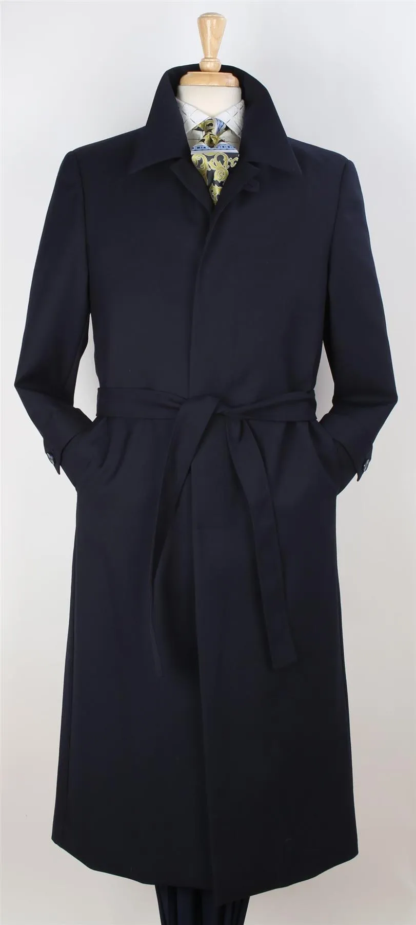 Black Diamond Mens Solid Navy Blue 100% Wool Gabardine Belted Duster Overcoat