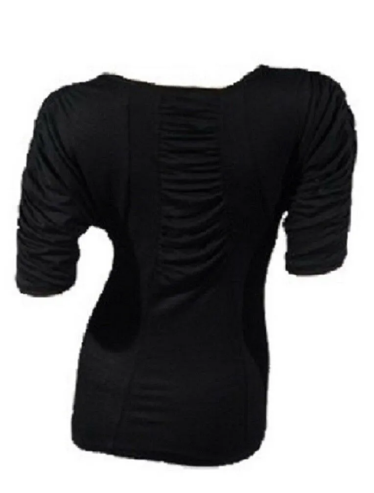Black Round Neck Panelled Ruched Style Batwing