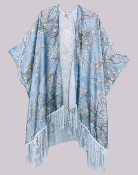 Blue Cherry Blossoms Silky Tassel Kimono