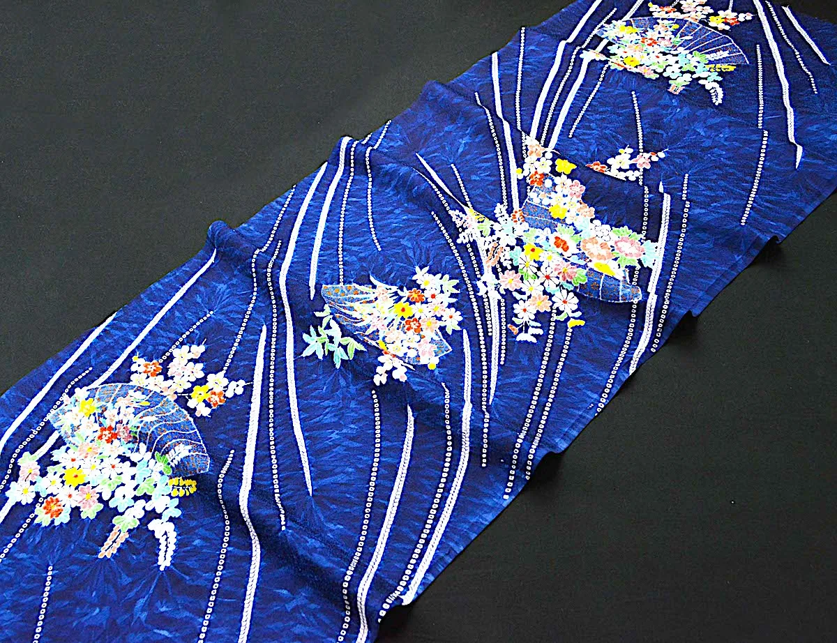 Blue Flowers, Fans   Shibori Vintage Chirimen Crepe Kimono Silk 7" x 58"  #4515