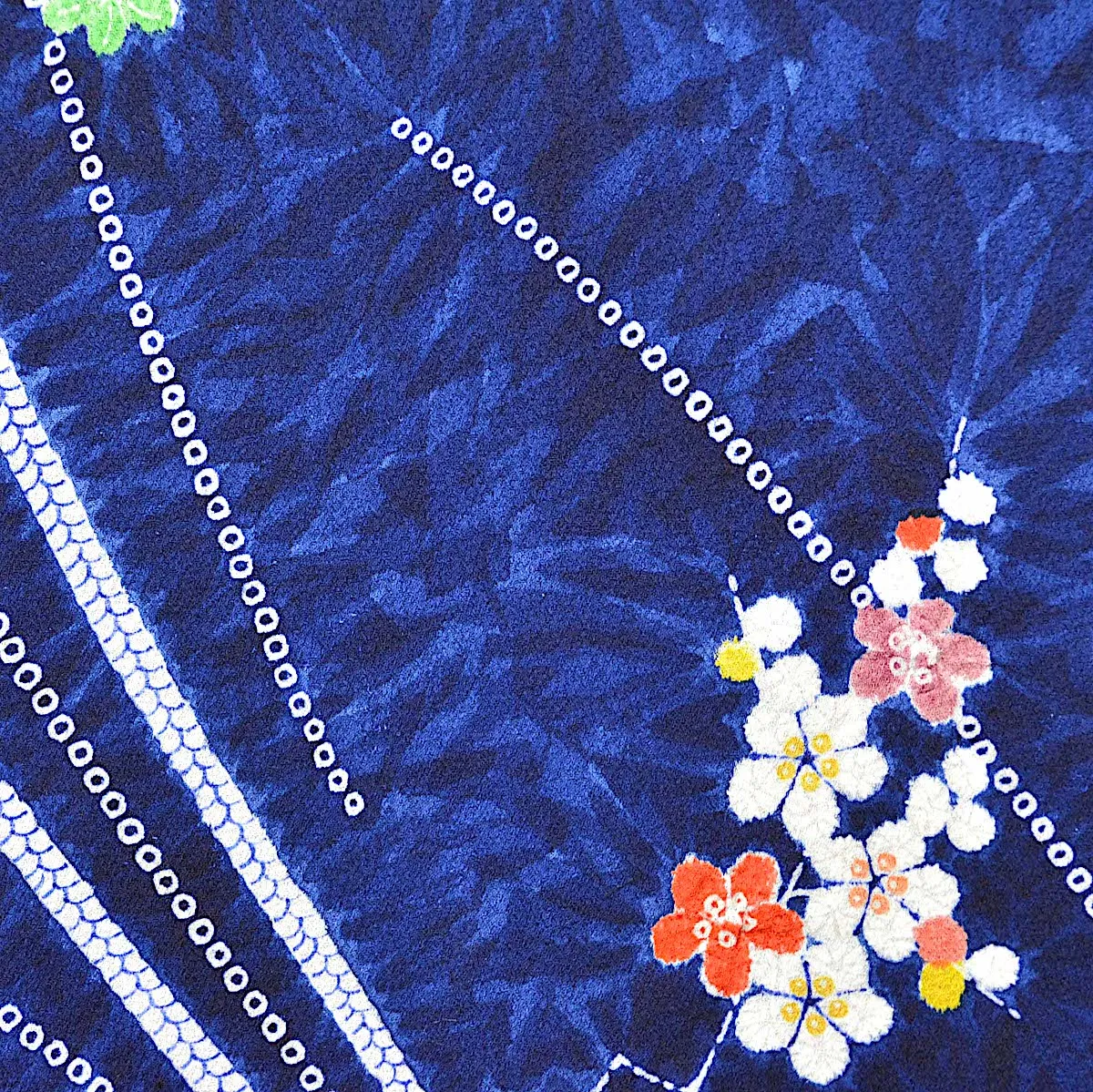 Blue Flowers, Fans   Shibori Vintage Chirimen Crepe Kimono Silk 7" x 58"  #4515