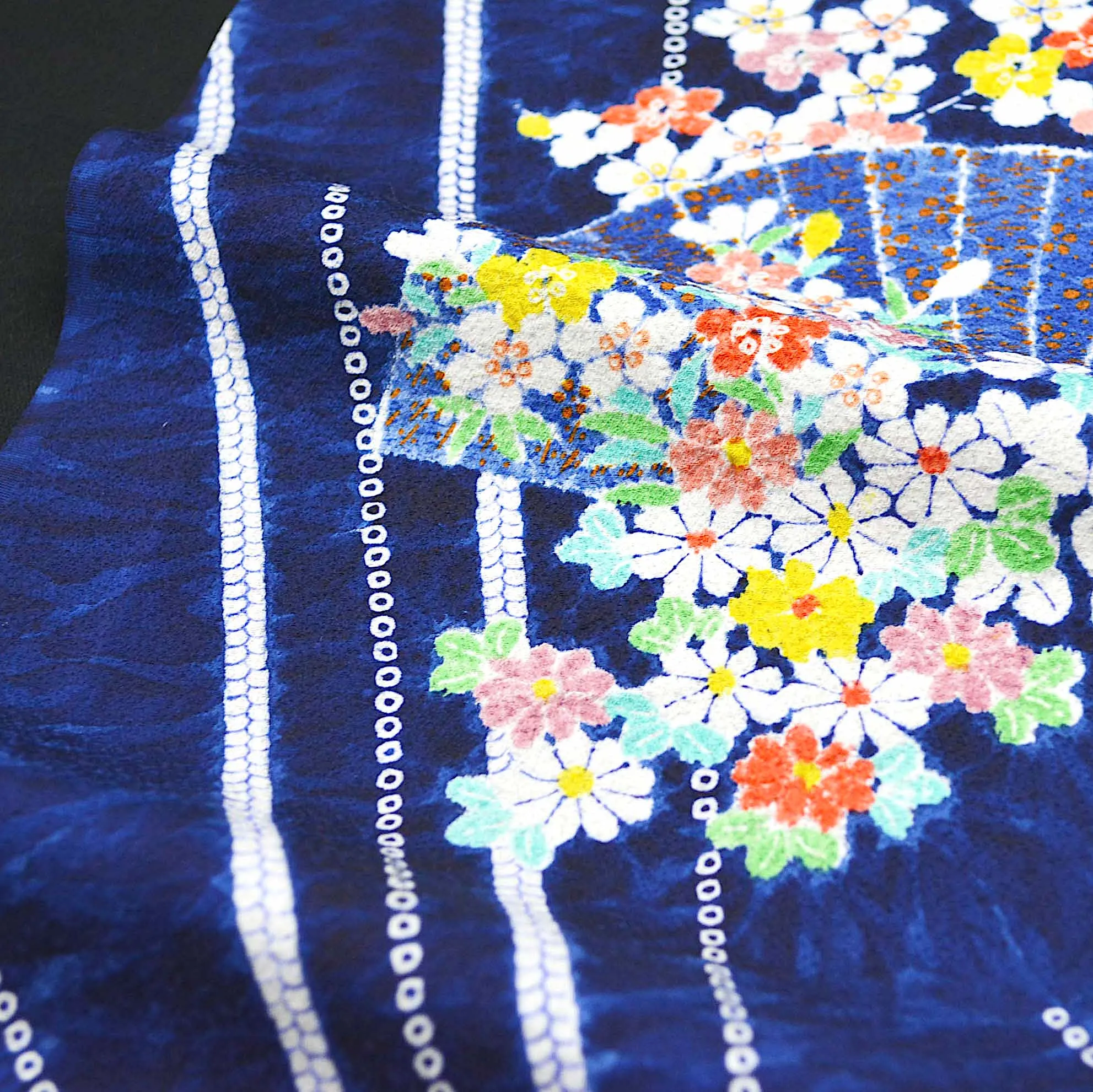 Blue Flowers, Fans   Shibori Vintage Chirimen Crepe Kimono Silk 7" x 58"  #4515
