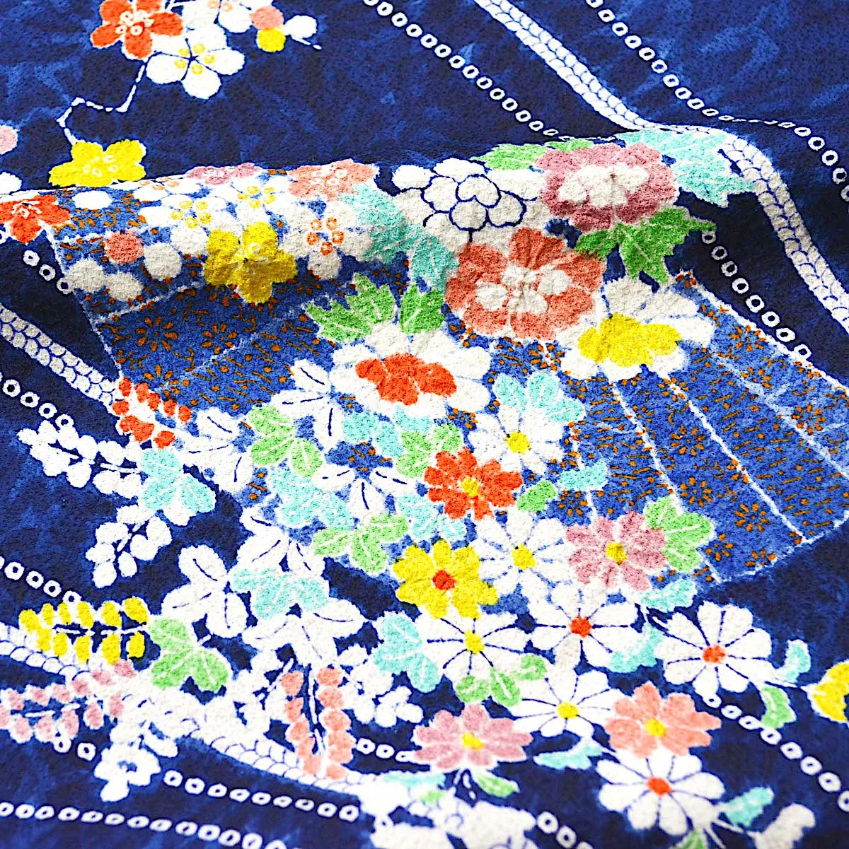 Blue Flowers, Fans   Shibori Vintage Chirimen Crepe Kimono Silk 7" x 58"  #4515