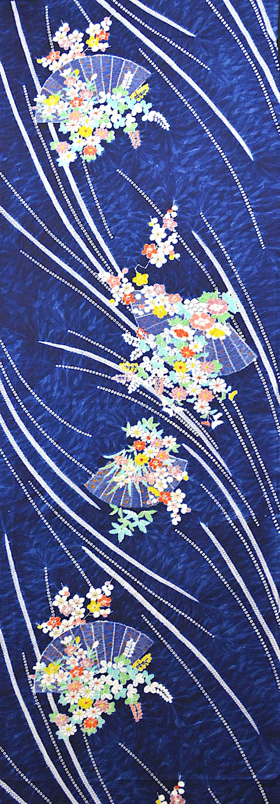 Blue Flowers, Fans   Shibori Vintage Chirimen Crepe Kimono Silk 7" x 58"  #4515