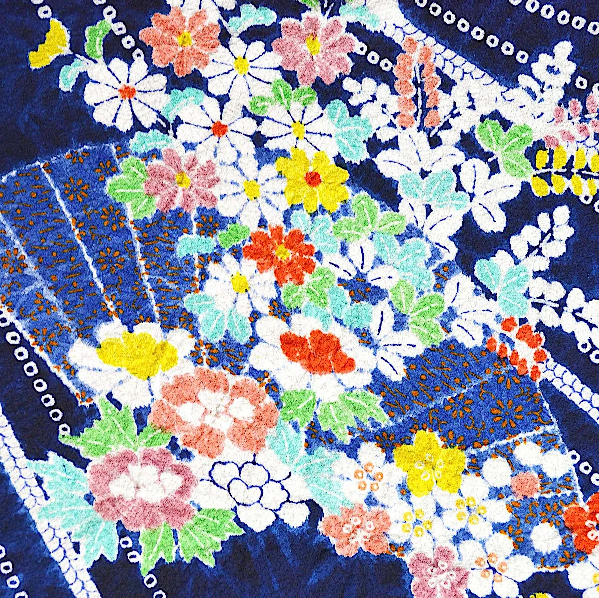 Blue Flowers, Fans   Shibori Vintage Chirimen Crepe Kimono Silk 7" x 58"  #4515