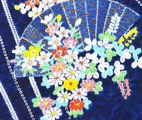 Blue Flowers, Fans   Shibori Vintage Chirimen Crepe Kimono Silk 7" x 58"  #4515