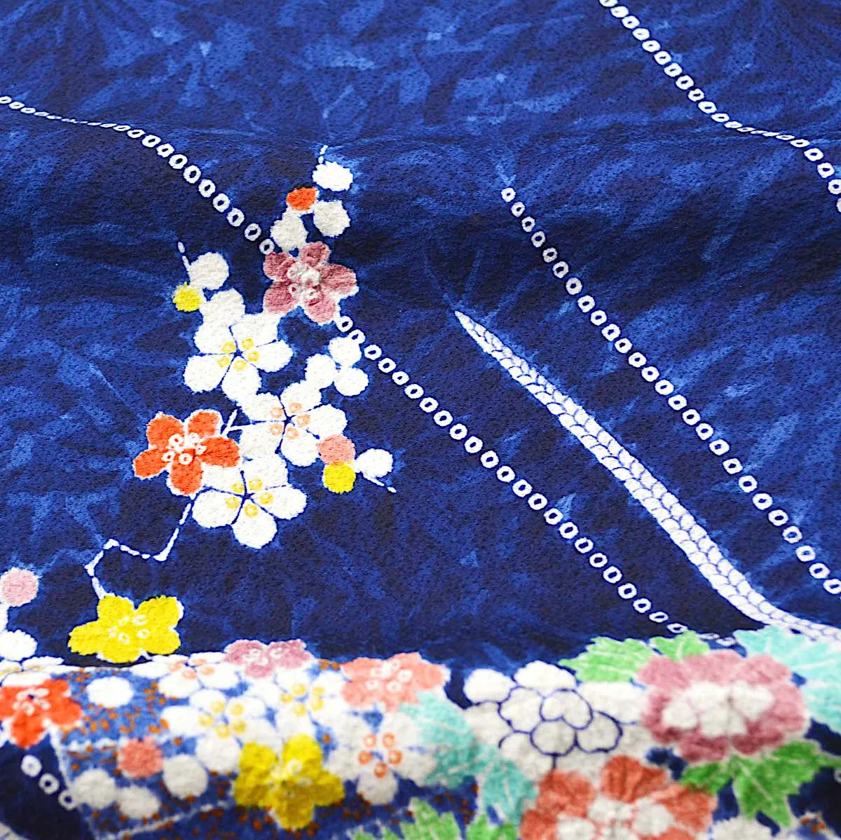 Blue Flowers, Fans   Shibori Vintage Chirimen Crepe Kimono Silk 7" x 58"  #4515