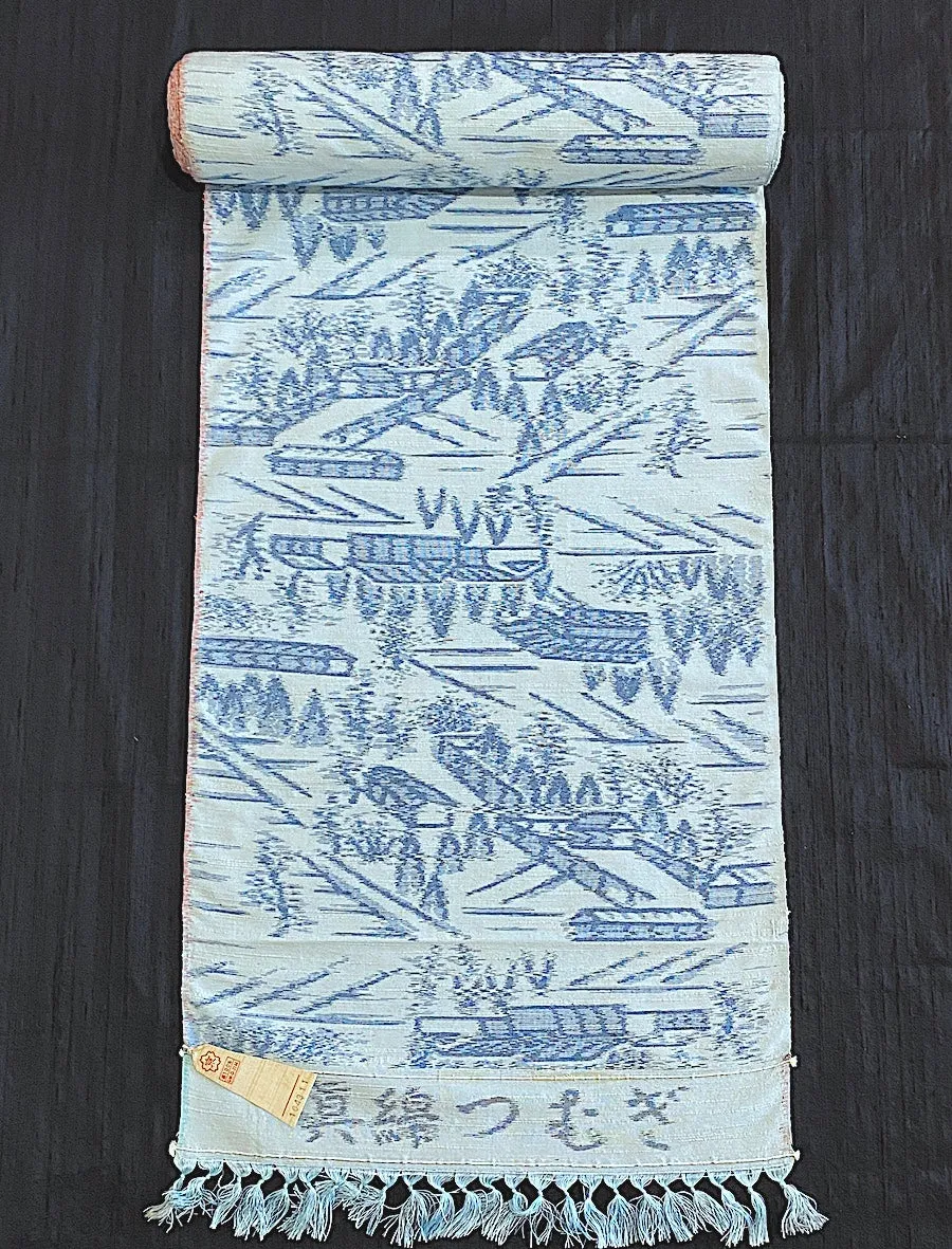 Blue Japanese Handwoven Silk Tsumugi Ikat, Vintage Kimono Fabric by the Yard # 773