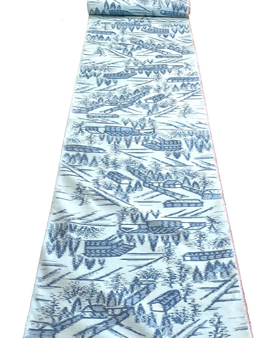 Blue Japanese Handwoven Silk Tsumugi Ikat, Vintage Kimono Fabric by the Yard # 773