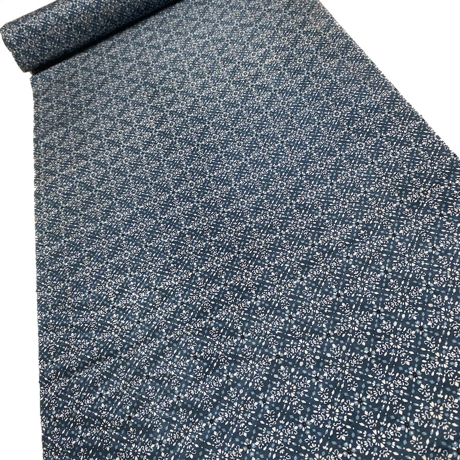 Blue Vintage Kimono Silk 'Calico' Print, Tiny Floral / Diamonds from Japan By the Yard  #233