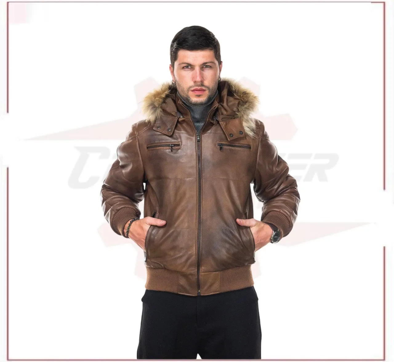 Boston - Men's Down Jacket in Genuine Brown Leather