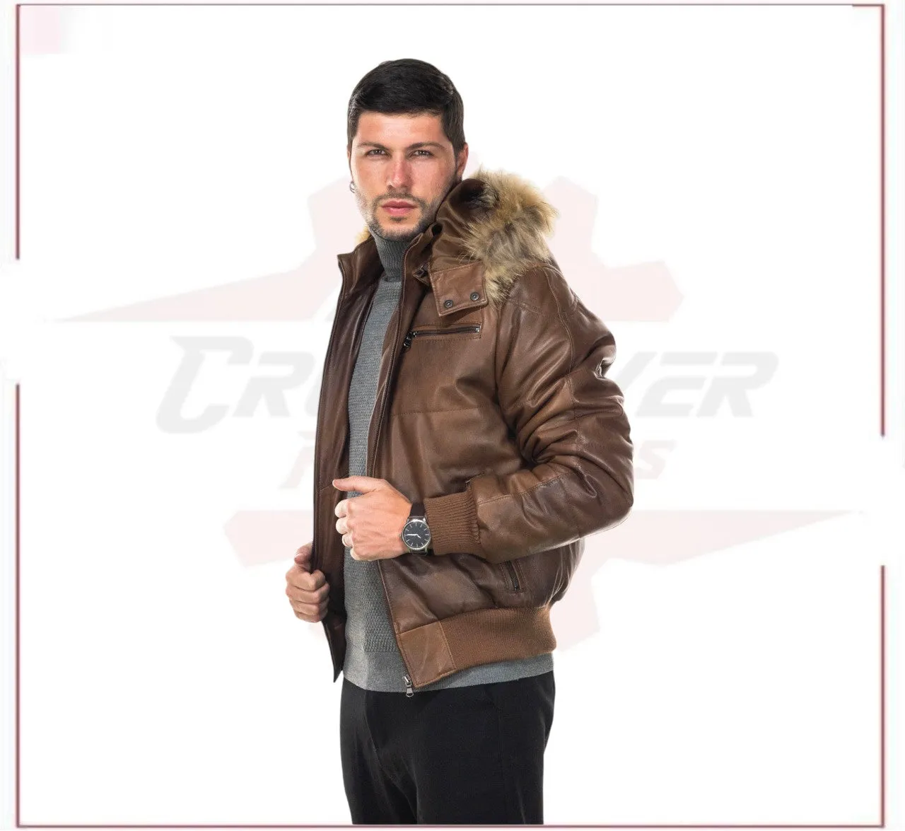 Boston - Men's Down Jacket in Genuine Brown Leather