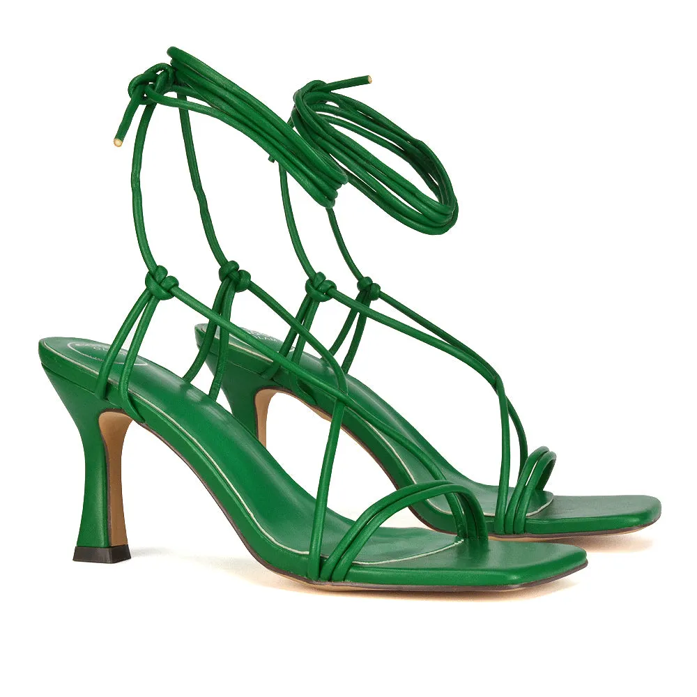 Callie Lace Up Square Toe Mid High Heel Sandals in White Synthetic Leather