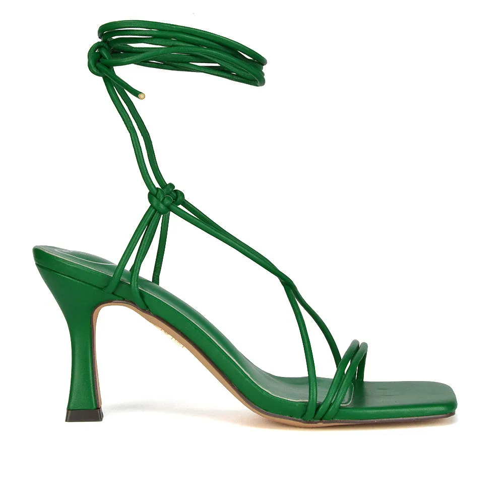 Callie Lace Up Square Toe Mid High Heel Sandals in White Synthetic Leather