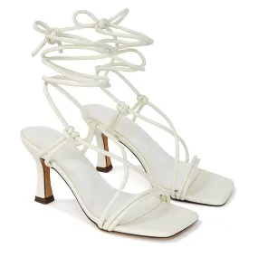 Callie Lace Up Square Toe Mid High Heel Sandals in White Synthetic Leather