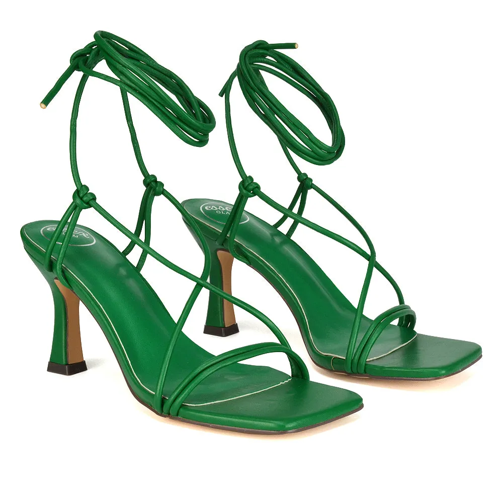 Callie Lace Up Square Toe Mid High Heel Sandals in White Synthetic Leather