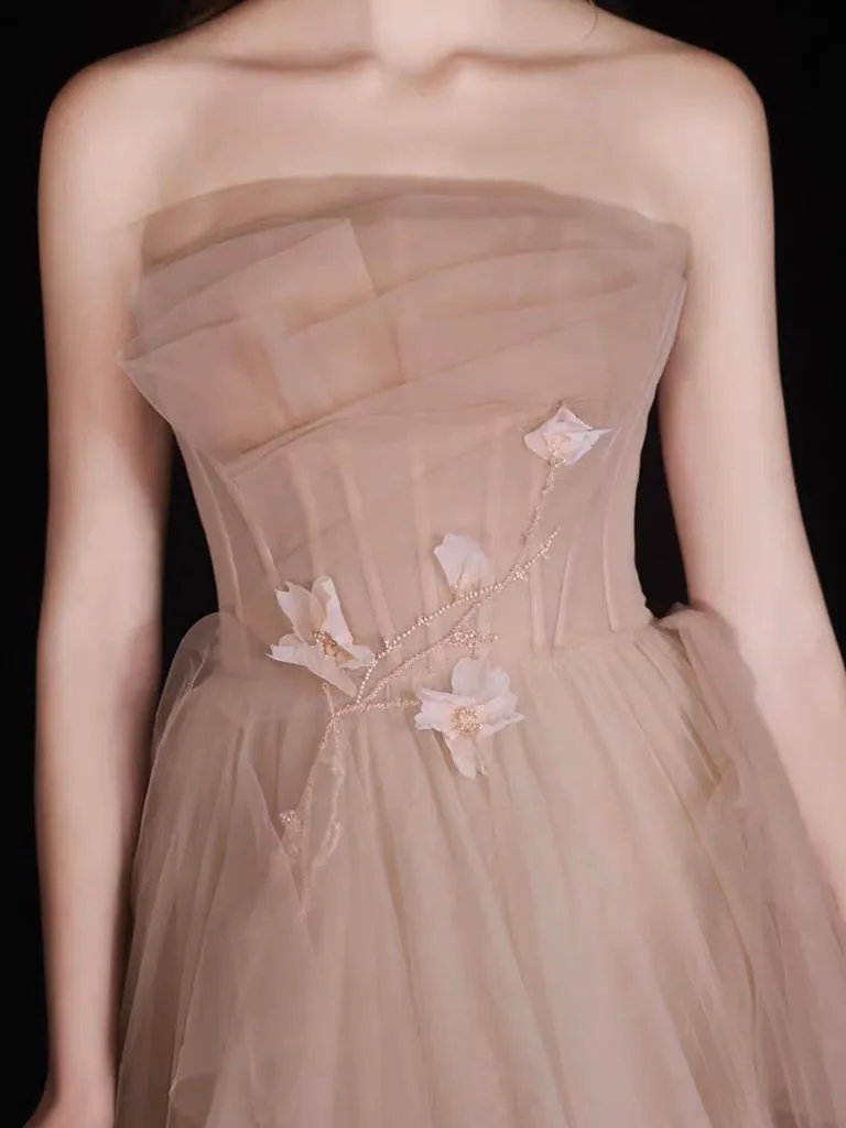 Champagne A-Line Tulle Long Prom Dress, Champagne Long Formal Dress