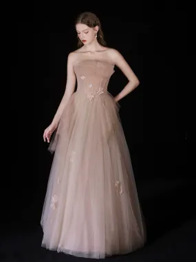 Champagne A-Line Tulle Long Prom Dress, Champagne Long Formal Dress