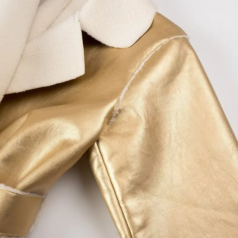 Chic Belted Long Overcoat with Metallic Sequins and Faux Fur for Women