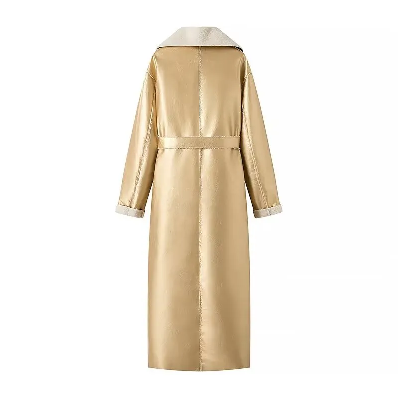 Chic Belted Long Overcoat with Metallic Sequins and Faux Fur for Women