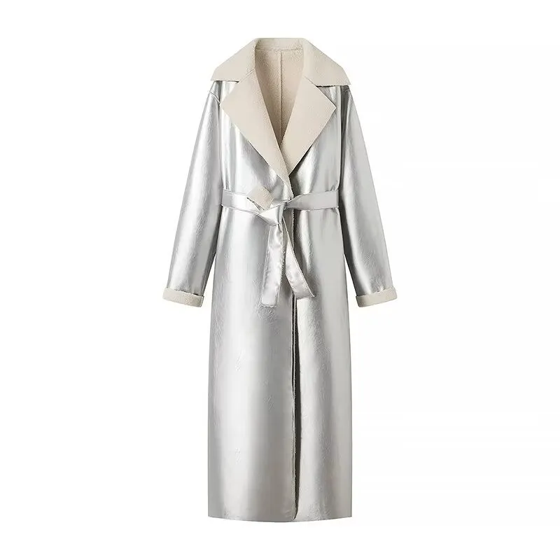 Chic Belted Long Overcoat with Metallic Sequins and Faux Fur for Women
