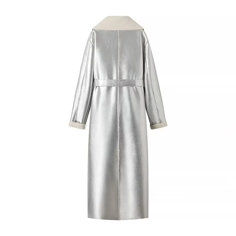 Chic Belted Long Overcoat with Metallic Sequins and Faux Fur for Women