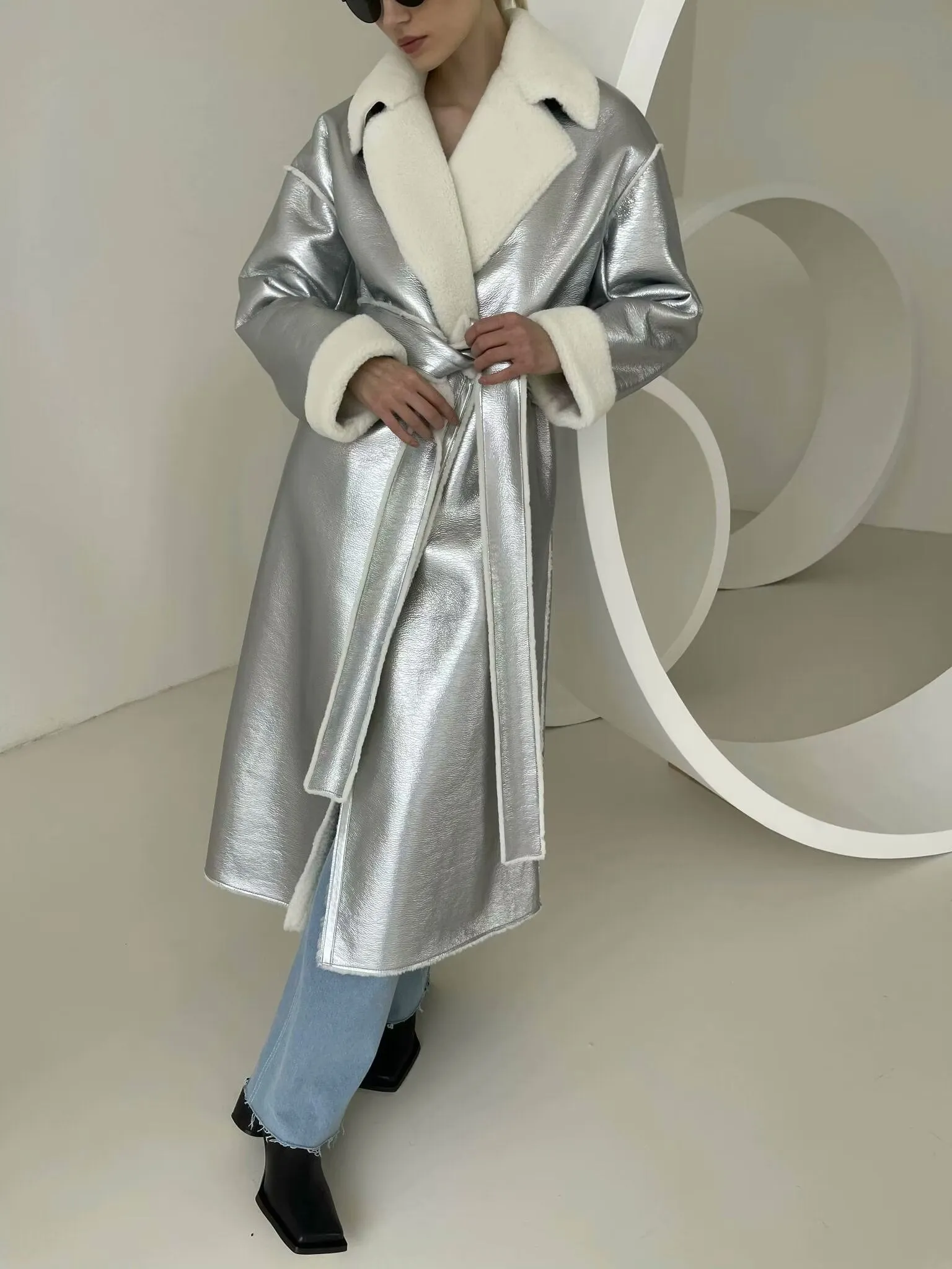 Chic Belted Long Overcoat with Metallic Sequins and Faux Fur for Women