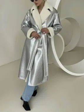 Chic Belted Long Overcoat with Metallic Sequins and Faux Fur for Women