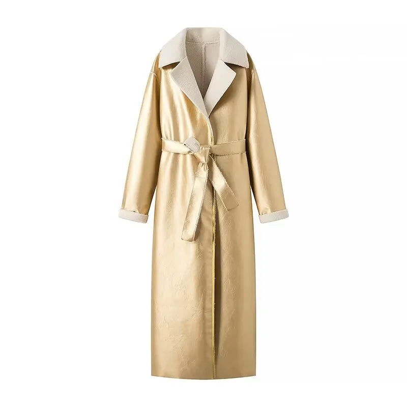 Chic Belted Long Overcoat with Metallic Sequins and Faux Fur for Women