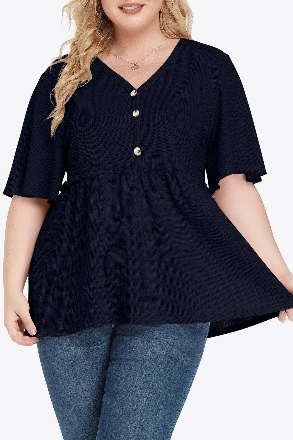 Contemporary Buttoned Frill Trim Plus Size Babydoll Blouse