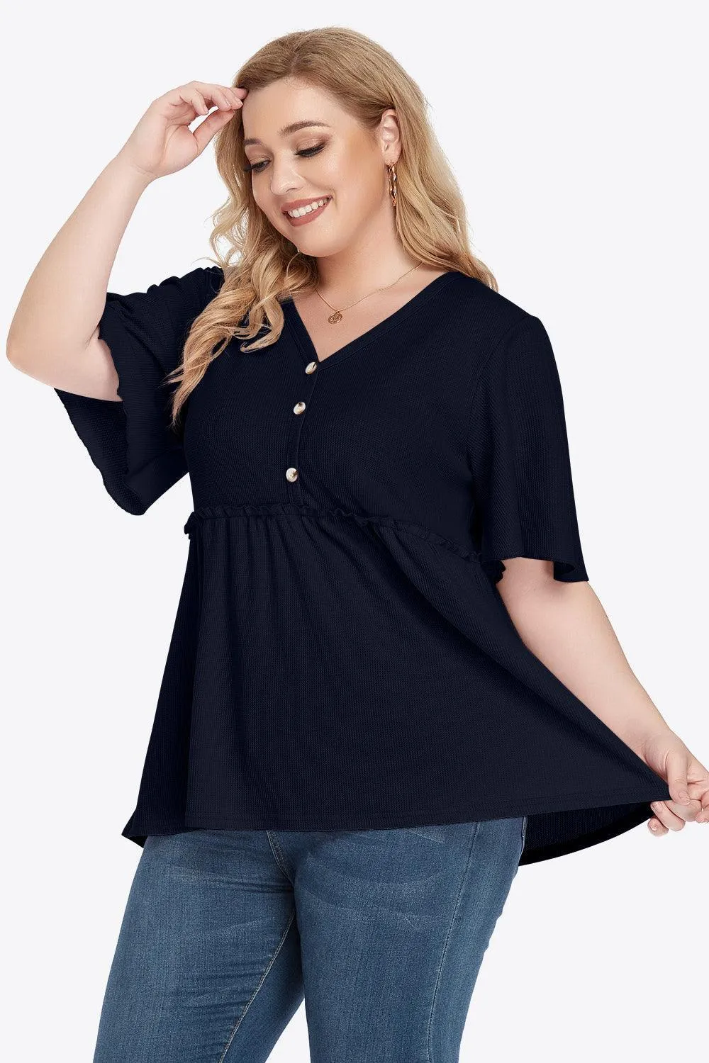 Contemporary Buttoned Frill Trim Plus Size Babydoll Blouse
