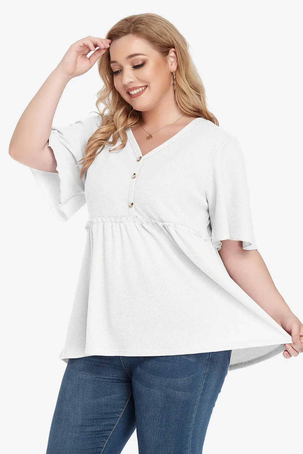 Contemporary Buttoned Frill Trim Plus Size Babydoll Blouse