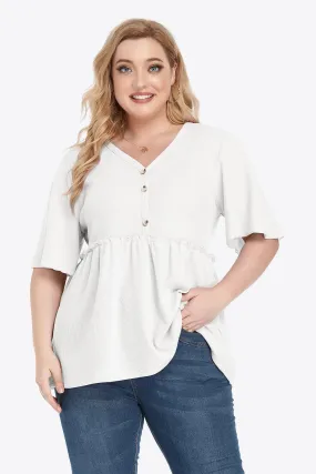 Contemporary Buttoned Frill Trim Plus Size Babydoll Blouse