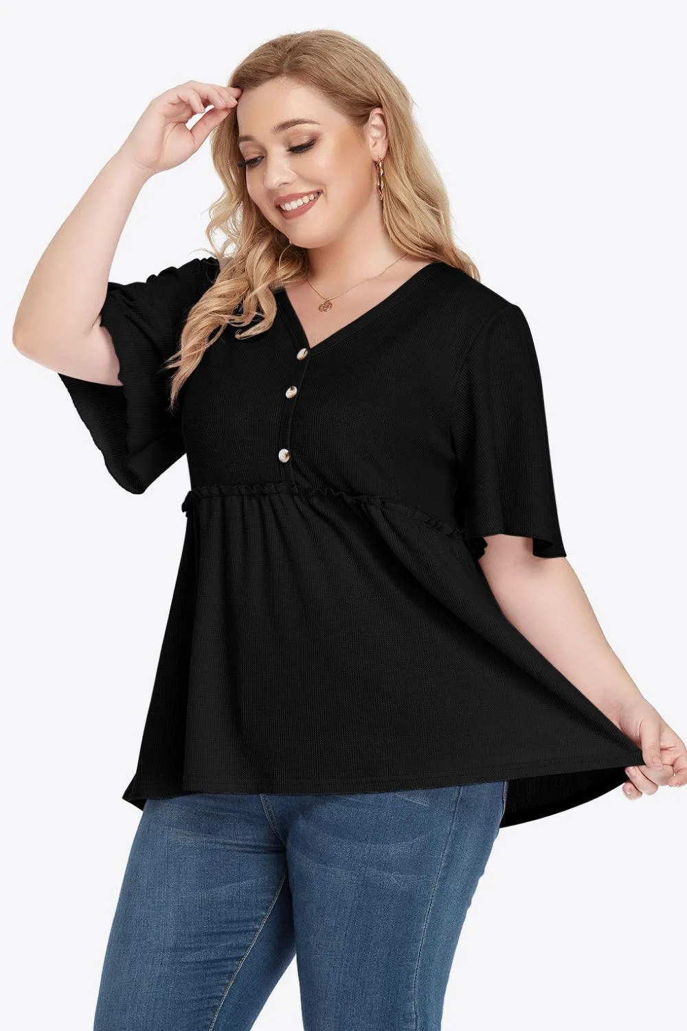 Contemporary Buttoned Frill Trim Plus Size Babydoll Blouse