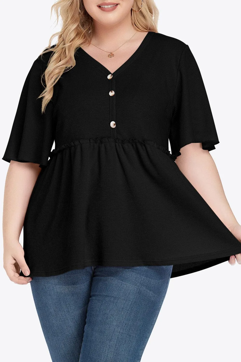 Contemporary Buttoned Frill Trim Plus Size Babydoll Blouse