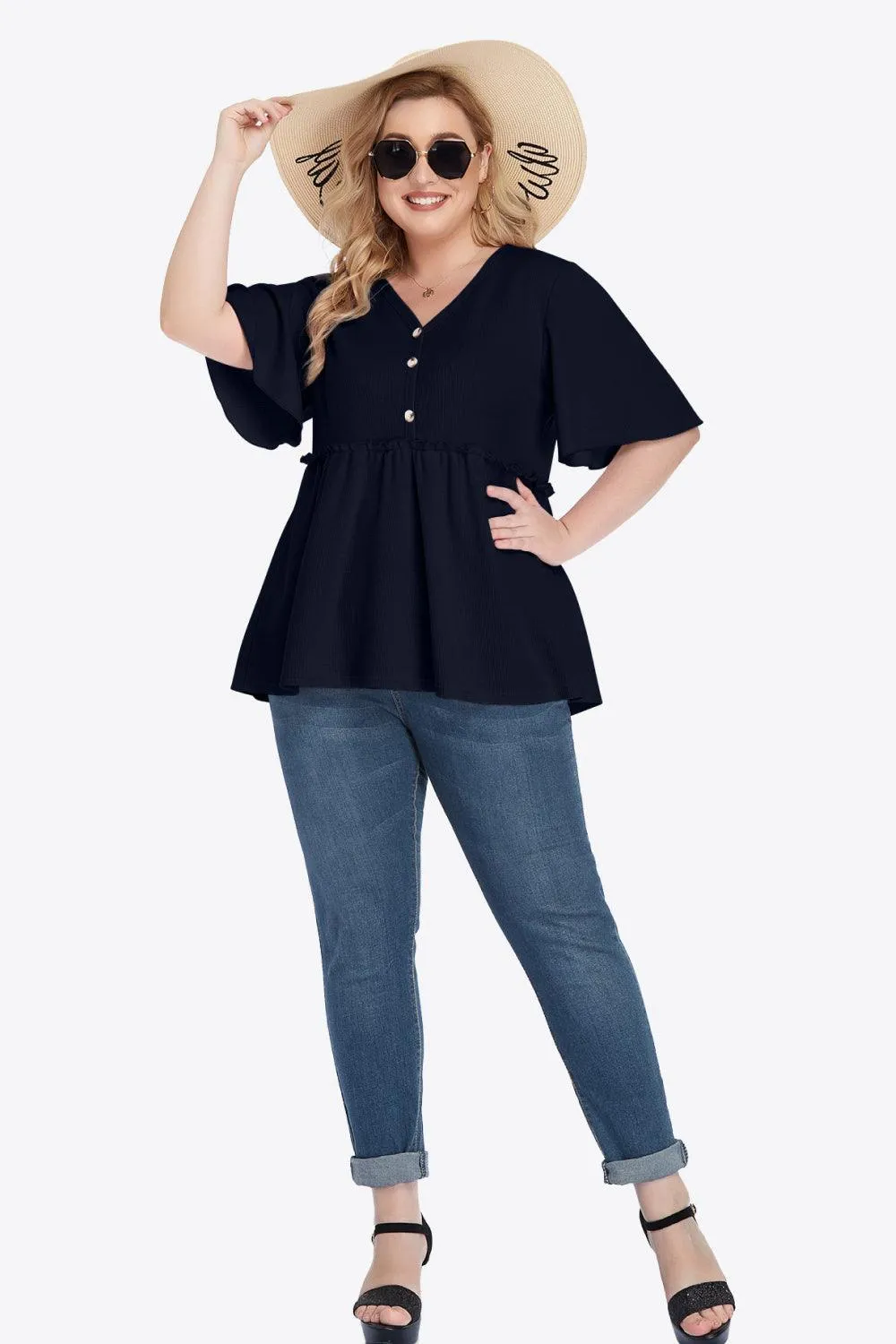 Contemporary Buttoned Frill Trim Plus Size Babydoll Blouse