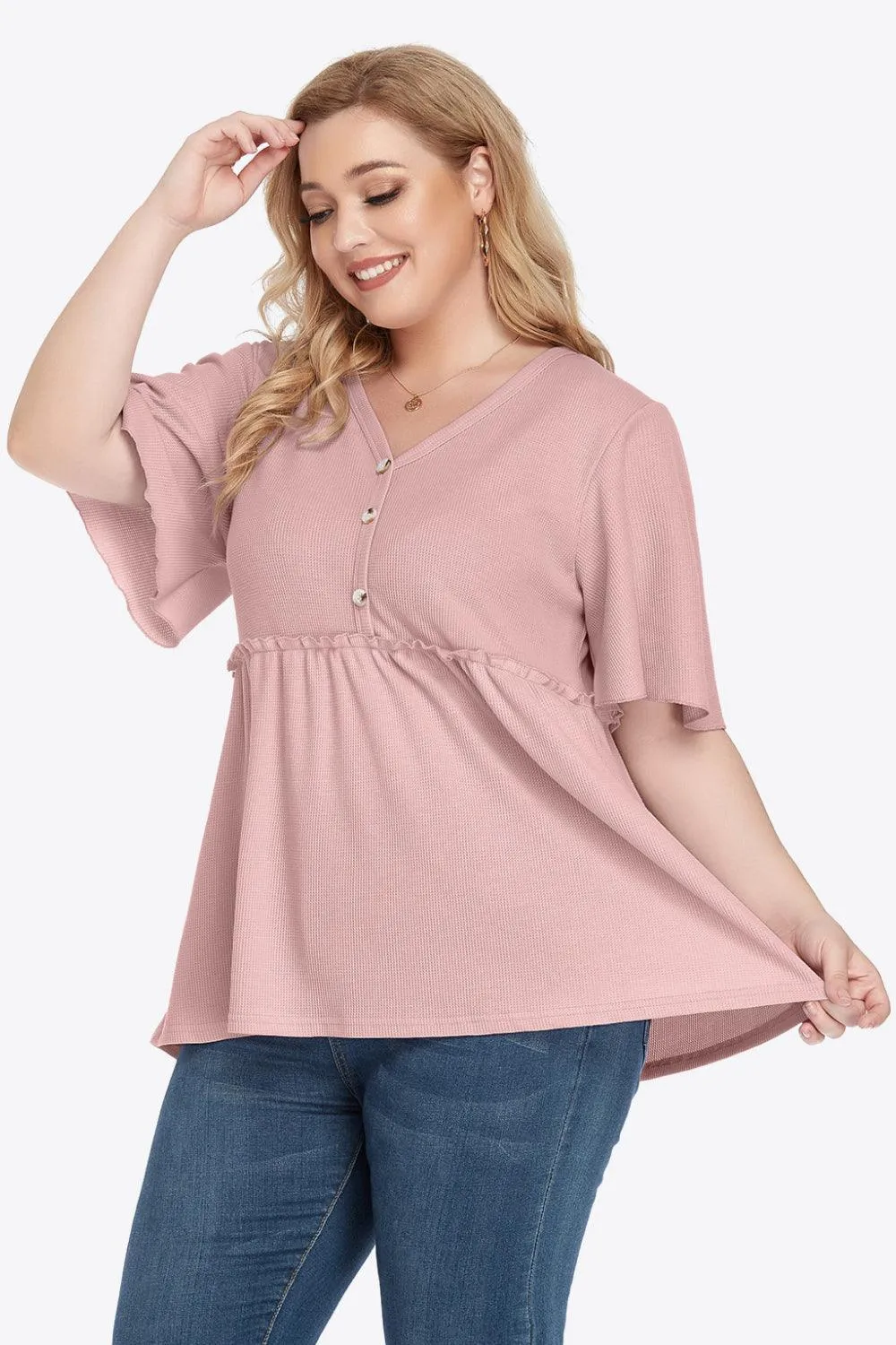 Contemporary Buttoned Frill Trim Plus Size Babydoll Blouse