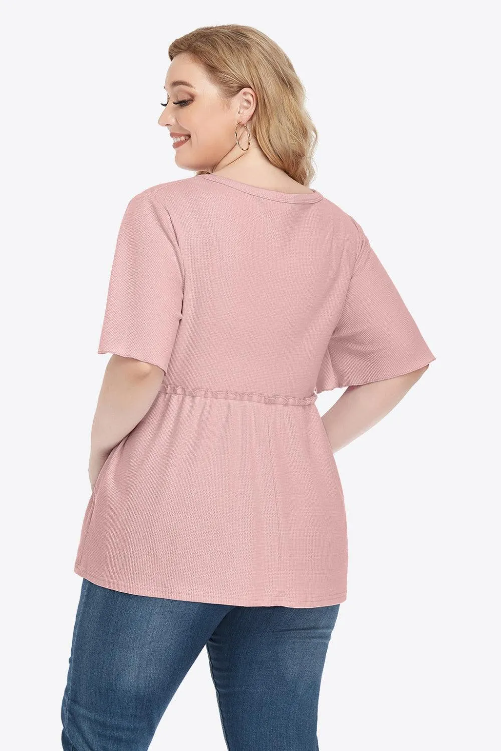 Contemporary Buttoned Frill Trim Plus Size Babydoll Blouse