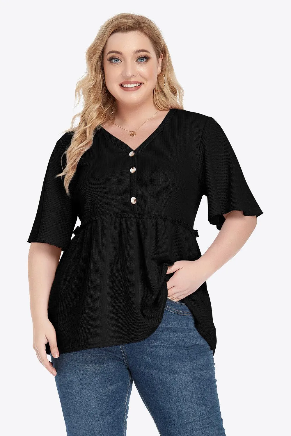Contemporary Buttoned Frill Trim Plus Size Babydoll Blouse
