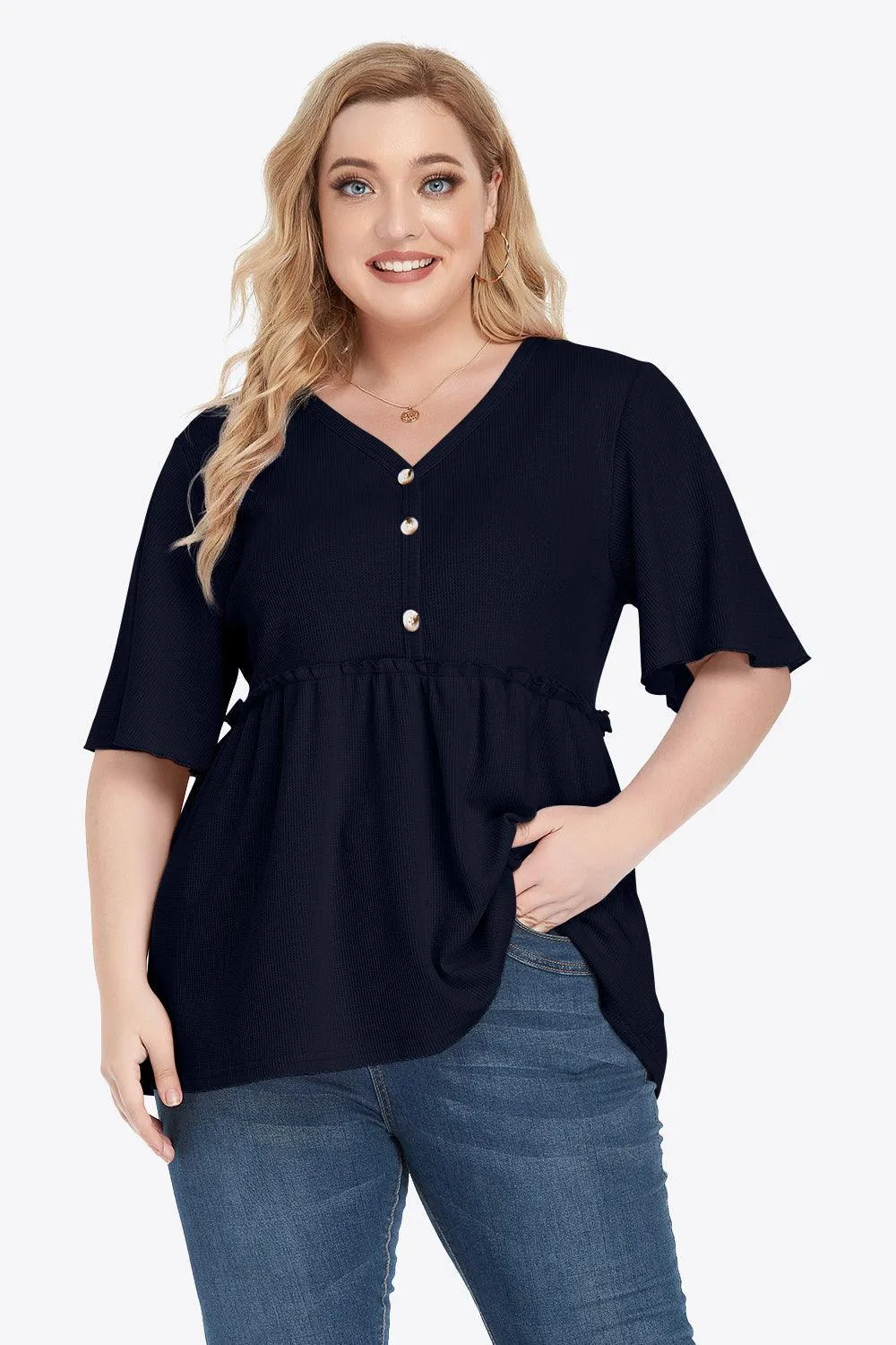 Contemporary Buttoned Frill Trim Plus Size Babydoll Blouse