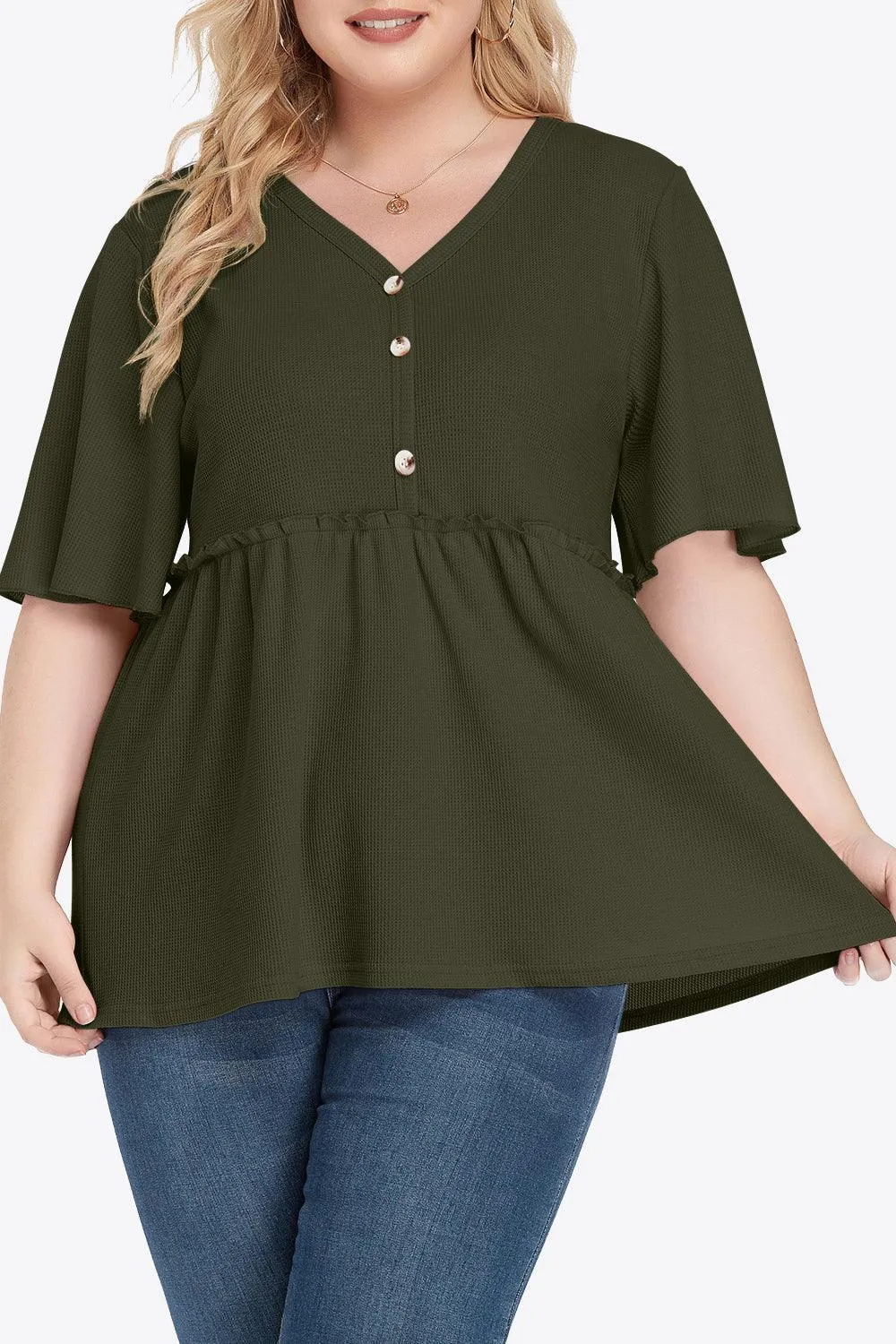 Contemporary Buttoned Frill Trim Plus Size Babydoll Blouse