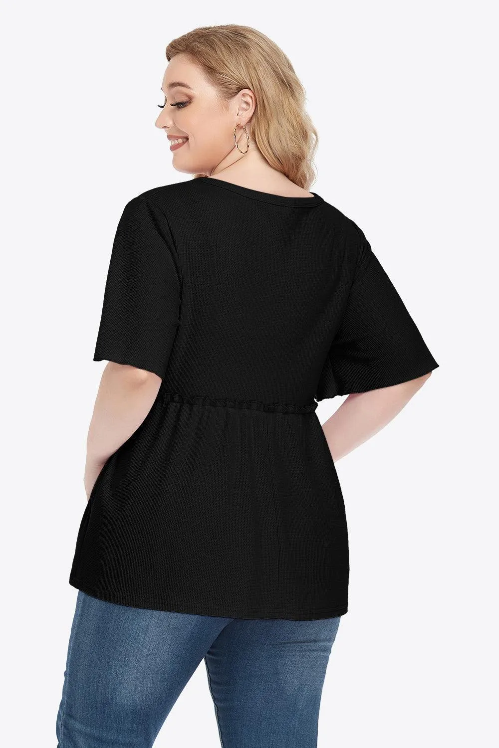 Contemporary Buttoned Frill Trim Plus Size Babydoll Blouse