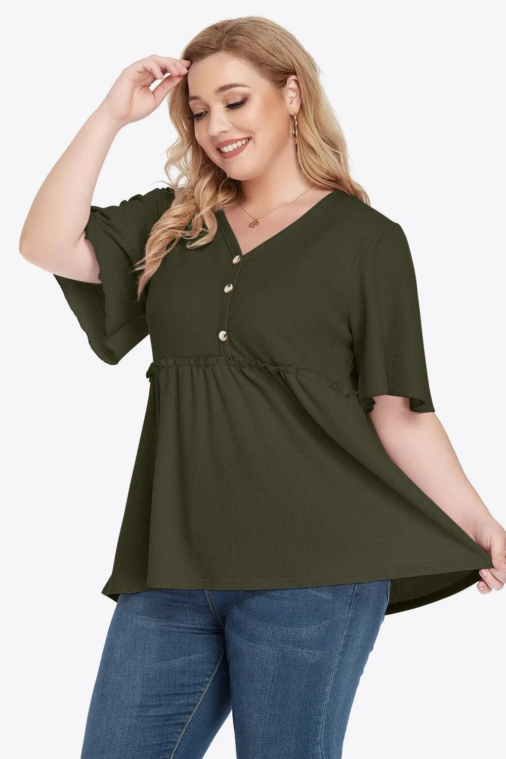 Contemporary Buttoned Frill Trim Plus Size Babydoll Blouse