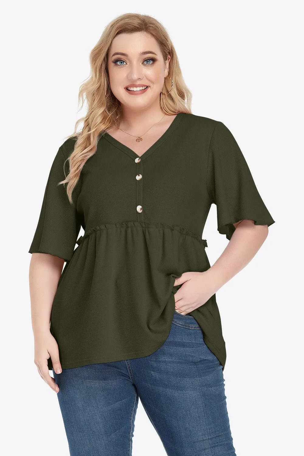 Contemporary Buttoned Frill Trim Plus Size Babydoll Blouse