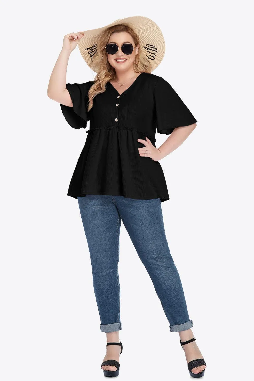 Contemporary Buttoned Frill Trim Plus Size Babydoll Blouse