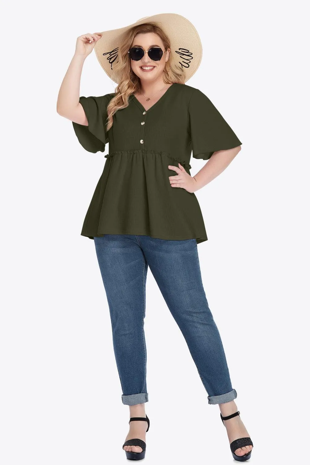 Contemporary Buttoned Frill Trim Plus Size Babydoll Blouse