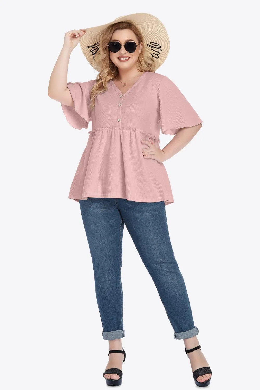 Contemporary Buttoned Frill Trim Plus Size Babydoll Blouse