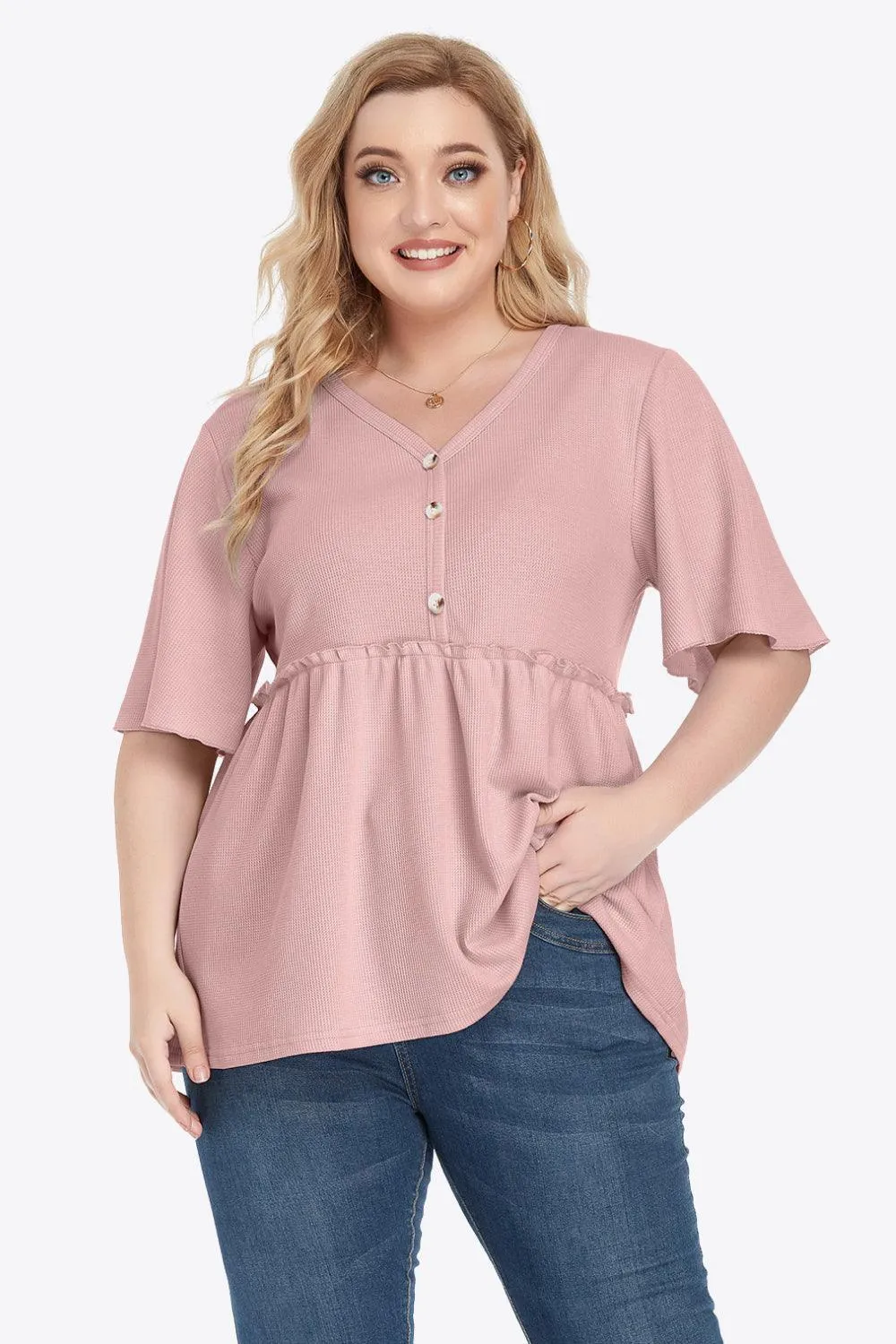 Contemporary Buttoned Frill Trim Plus Size Babydoll Blouse