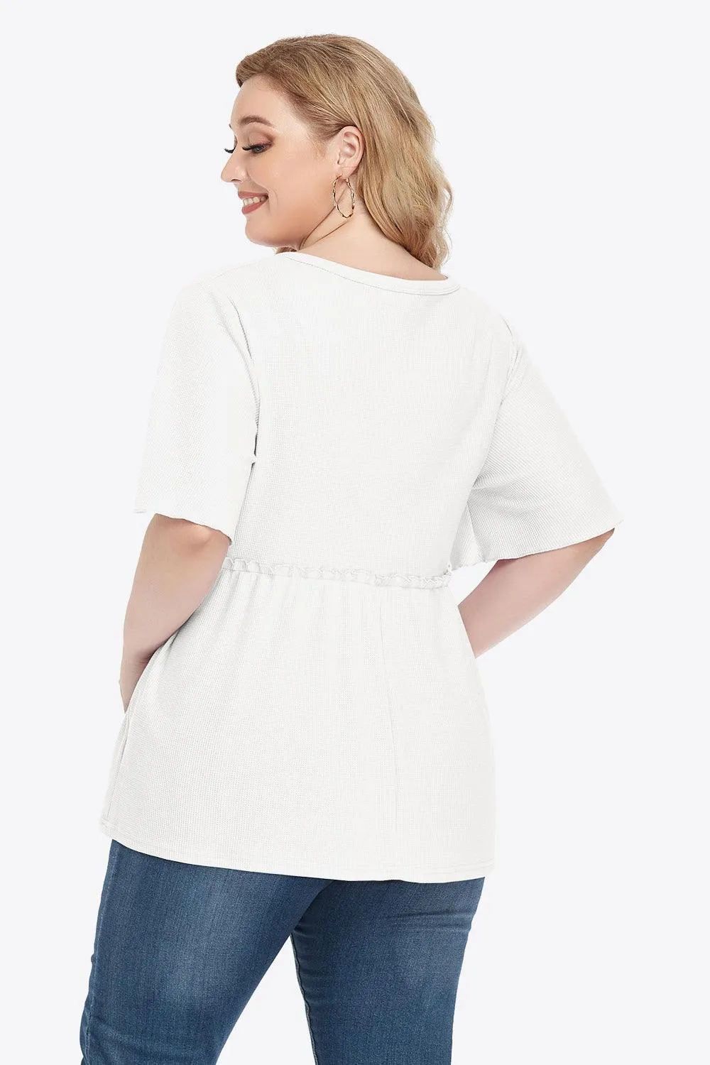 Contemporary Buttoned Frill Trim Plus Size Babydoll Blouse