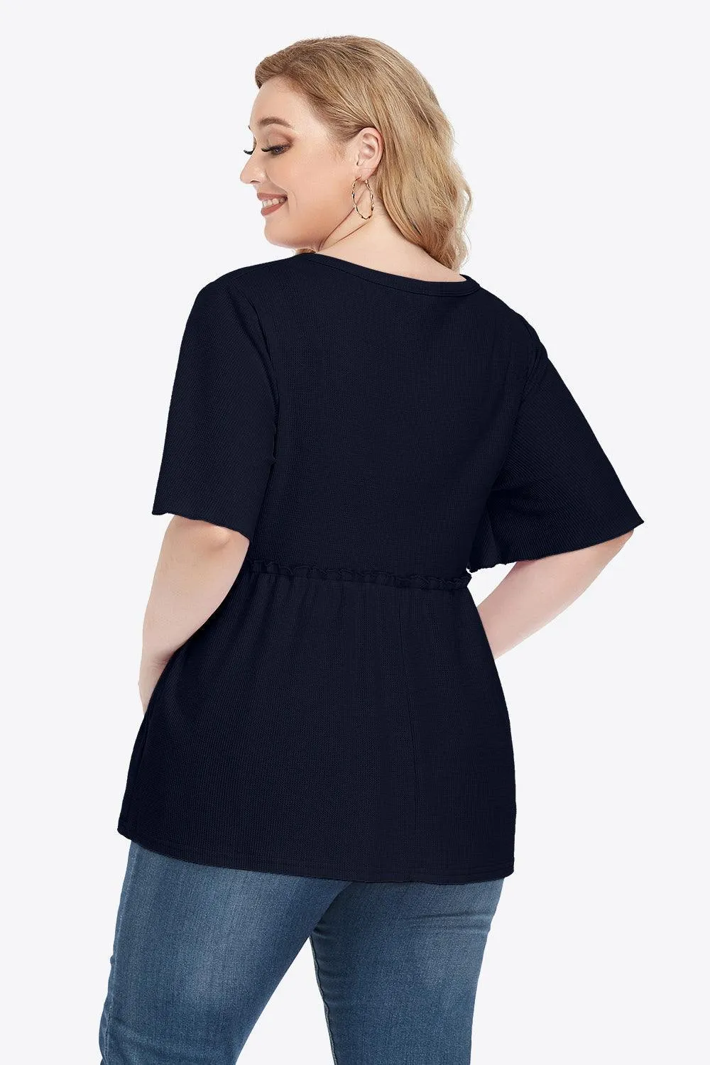 Contemporary Buttoned Frill Trim Plus Size Babydoll Blouse
